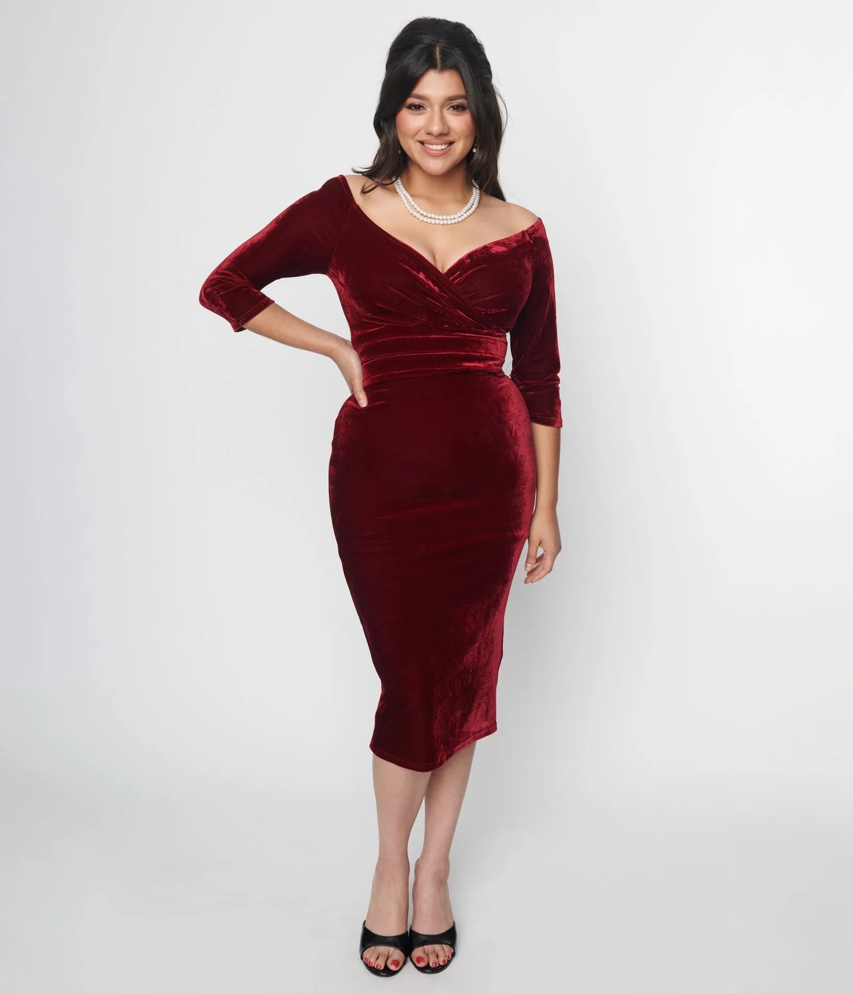 Unique Vintage Burgundy Velvet Off the Shoulder Surplice Pencil Dress sold by Unique Vintage