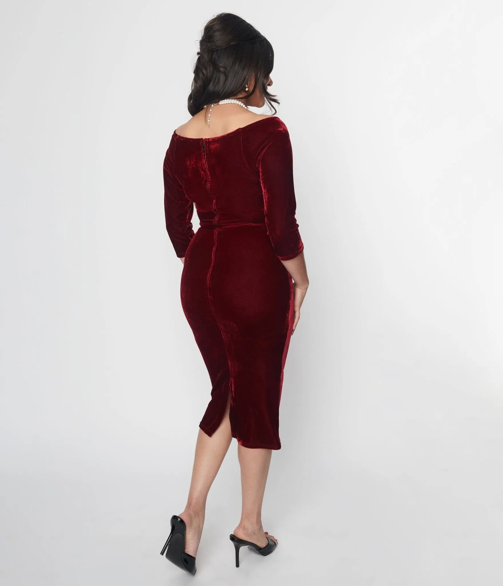 Unique Vintage Burgundy Velvet Off the Shoulder Surplice Pencil Dress sold by Unique Vintage product image thumbnail 2