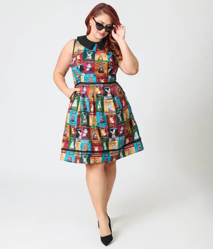 Retrolicious Plus Size Cats & Coffee Sign Fit & Flare Dress sold by Unique Vintage