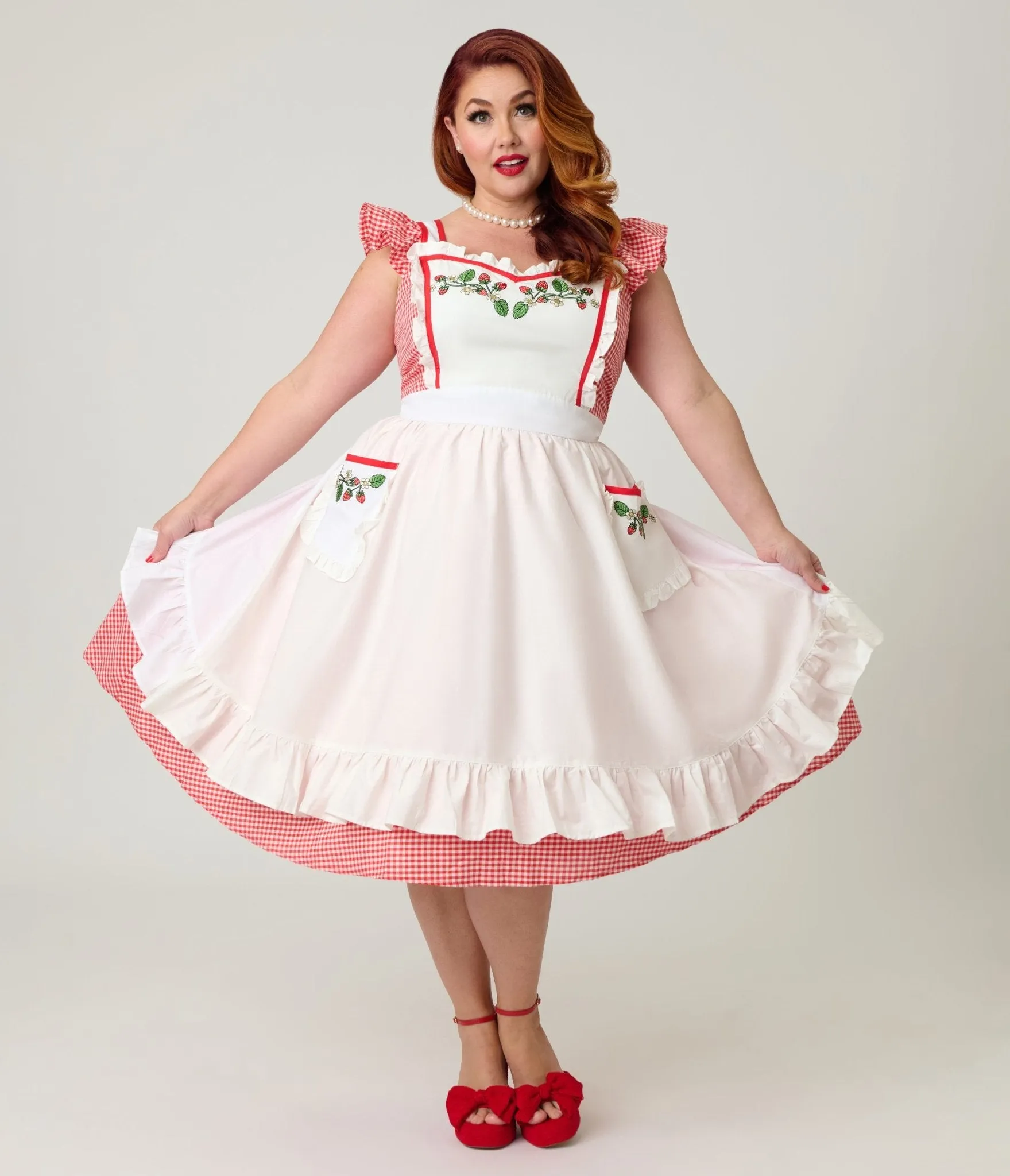 Unique Vintage Plus Size Red Gingham & White Ruffled Apron Swing Dress sold by Unique Vintage
