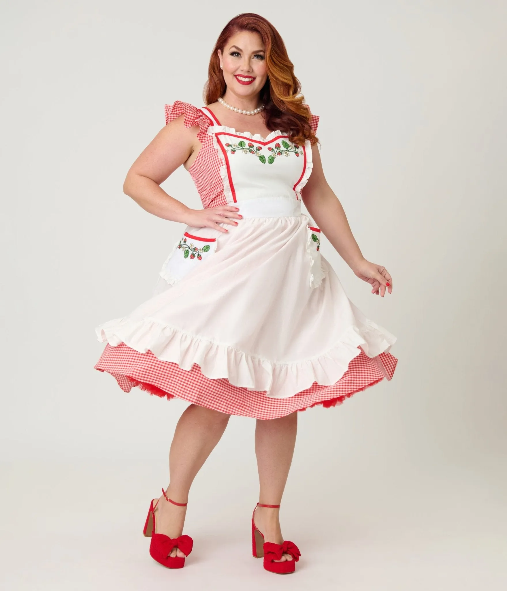 Unique Vintage Plus Size Red Gingham & White Ruffled Apron Swing Dress sold by Unique Vintage product image thumbnail 3
