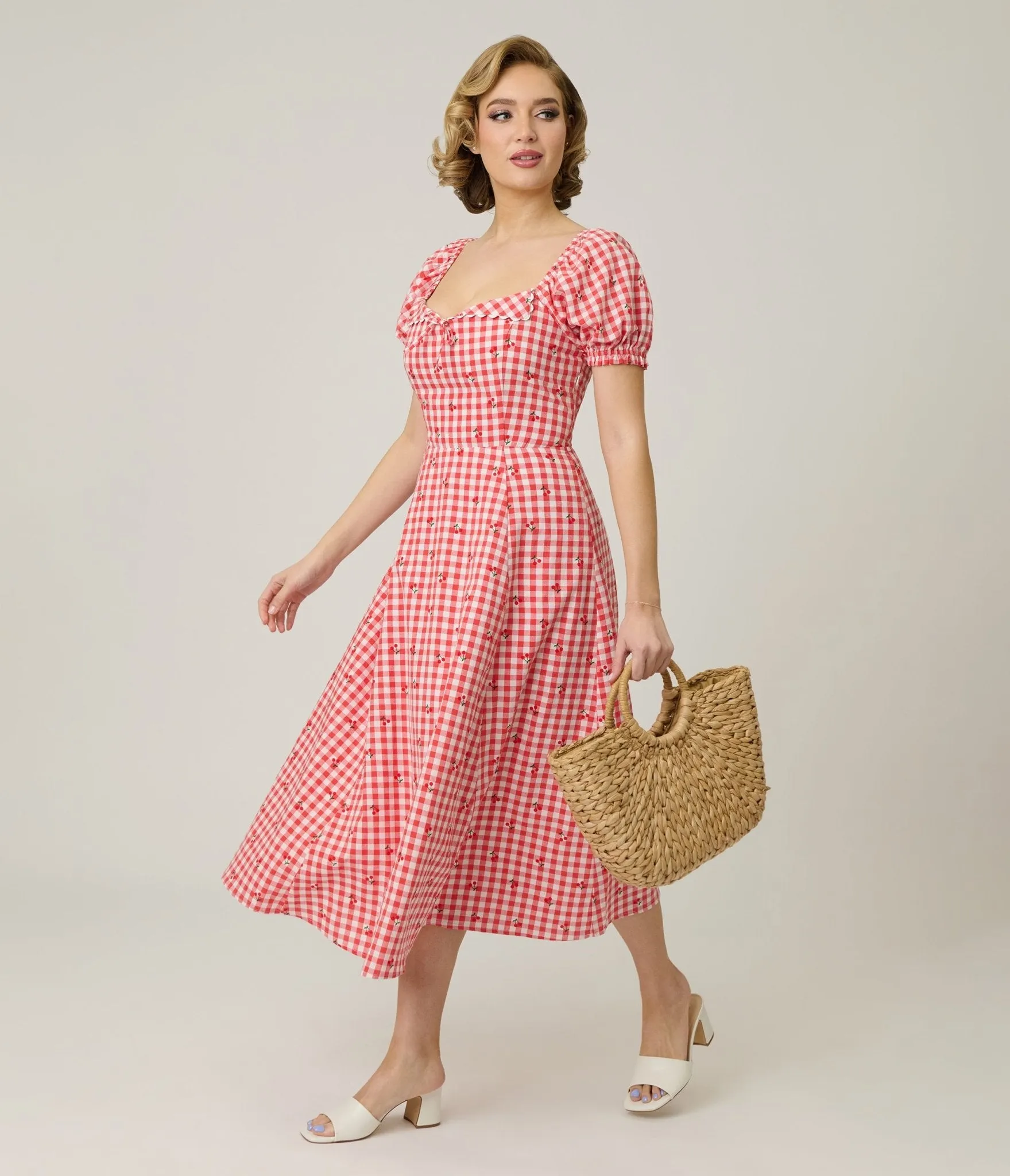 Unique Vintage Red Gingham & Cherries Puff Sleeve Midi Dress sold by Unique Vintage product image thumbnail 3