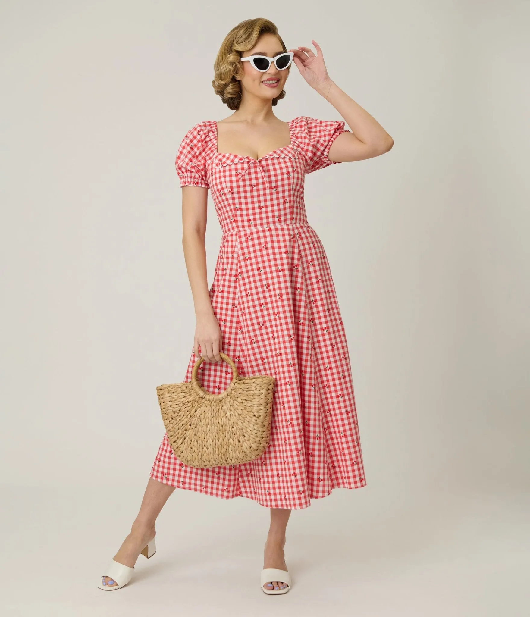 Unique Vintage Red Gingham & Cherries Puff Sleeve Midi Dress sold by Unique Vintage