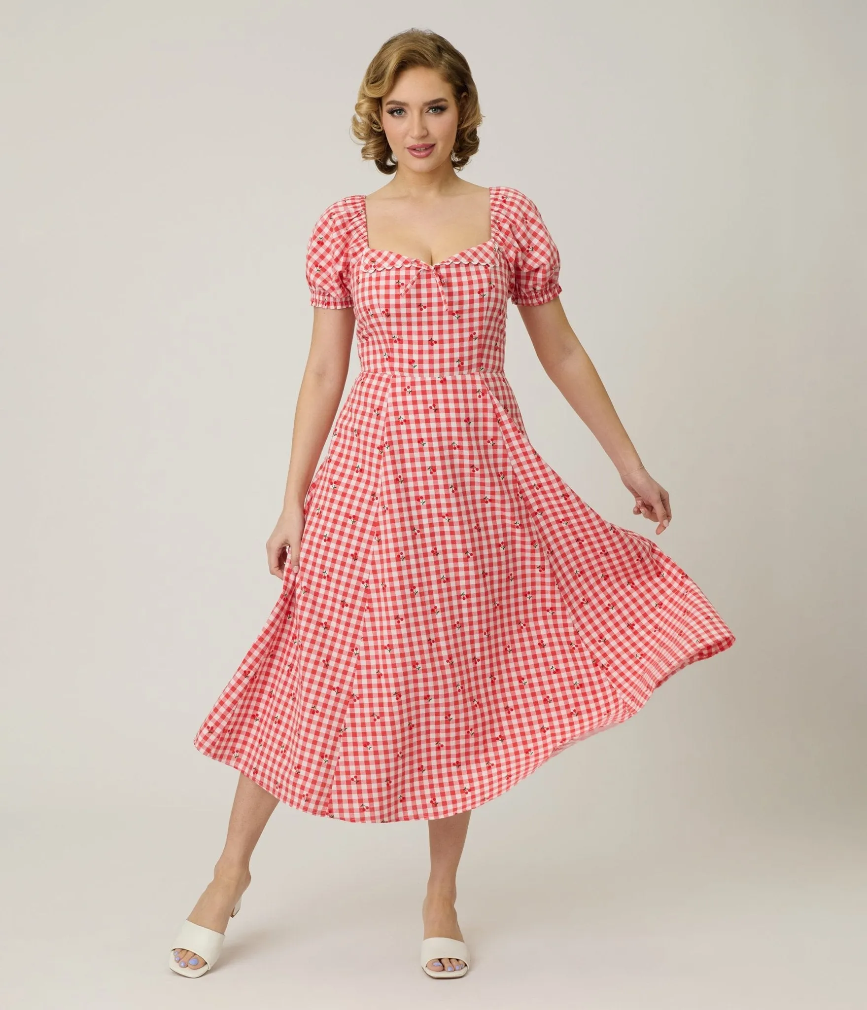Unique Vintage Red Gingham & Cherries Puff Sleeve Midi Dress sold by Unique Vintage product image thumbnail 4