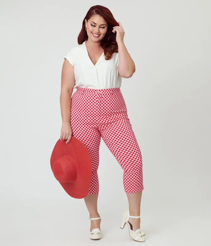 Unique Vintage Plus Size Red Gingham Rachelle Capri Pants made by Unique Vintage