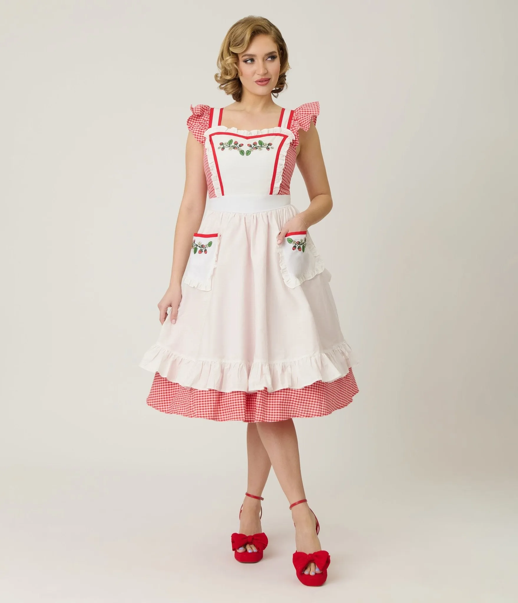 Unique Vintage Red Gingham & White Ruffled Apron Swing Dress sold by Unique Vintage product image thumbnail 4
