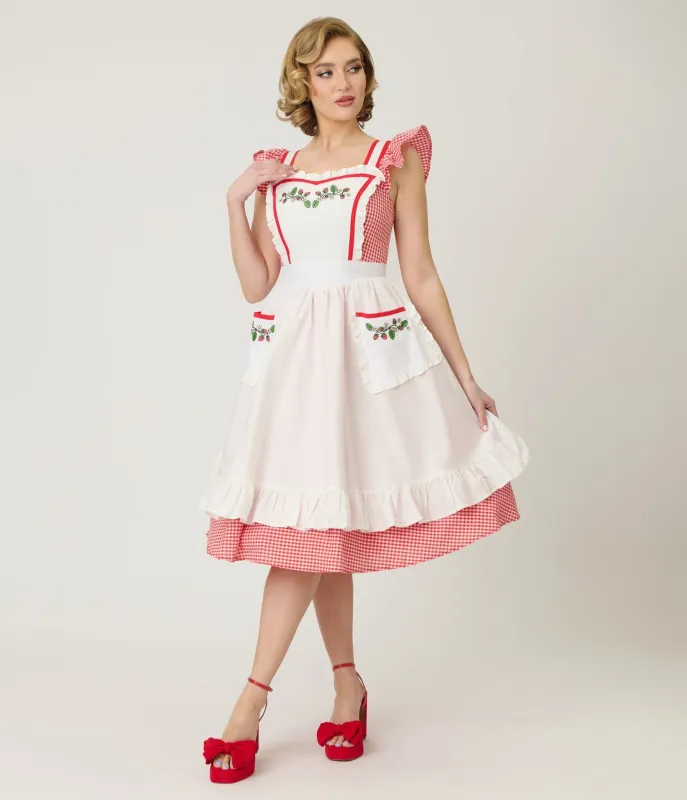 Unique Vintage Red Gingham & White Ruffled Apron Swing Dress made by Unique Vintage
