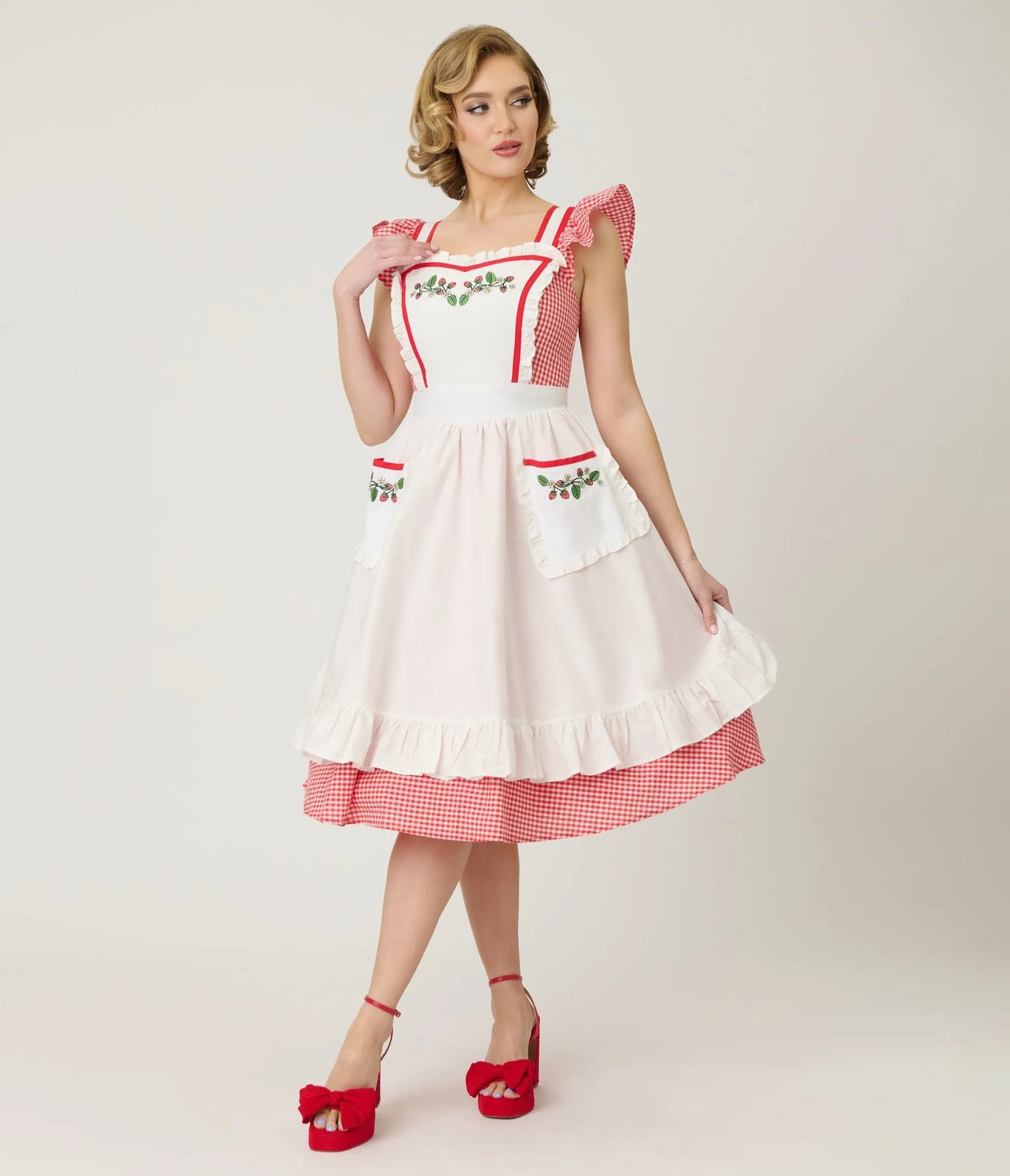 Unique Vintage Red Gingham & White Ruffled Apron Swing Dress sold by Unique Vintage