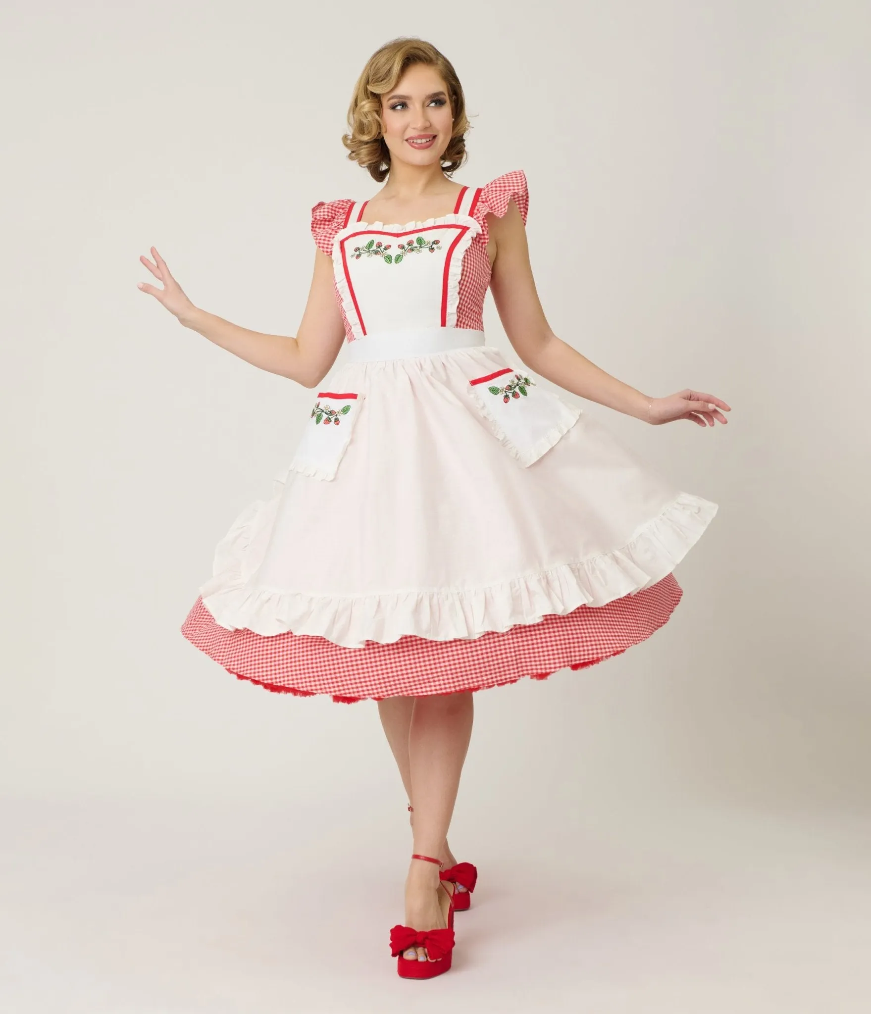 Unique Vintage Red Gingham & White Ruffled Apron Swing Dress sold by Unique Vintage product image thumbnail 3