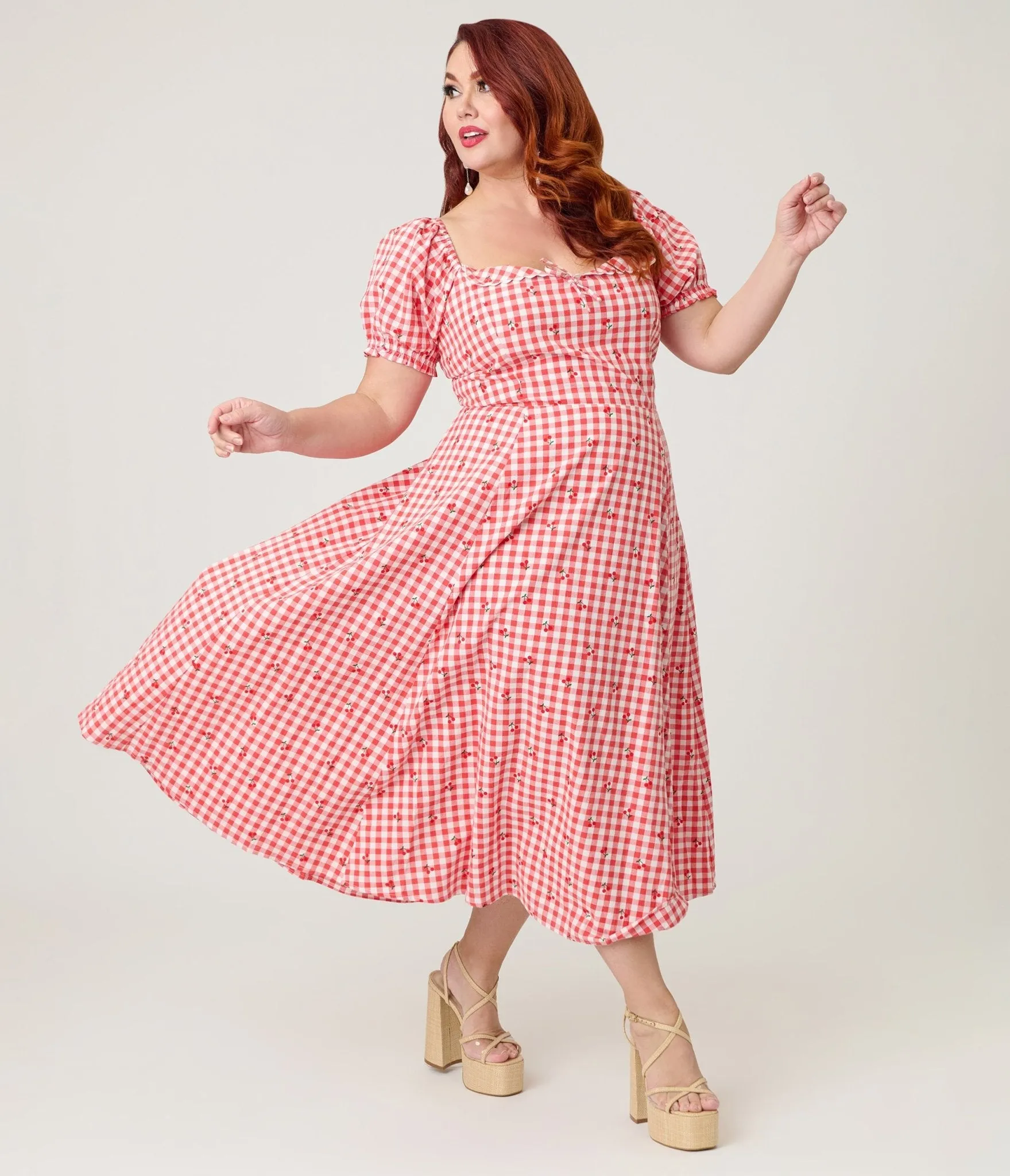 Unique Vintage Plus Size Red Gingham & Cherries Puff Sleeve Midi Dress sold by Unique Vintage product image thumbnail 4