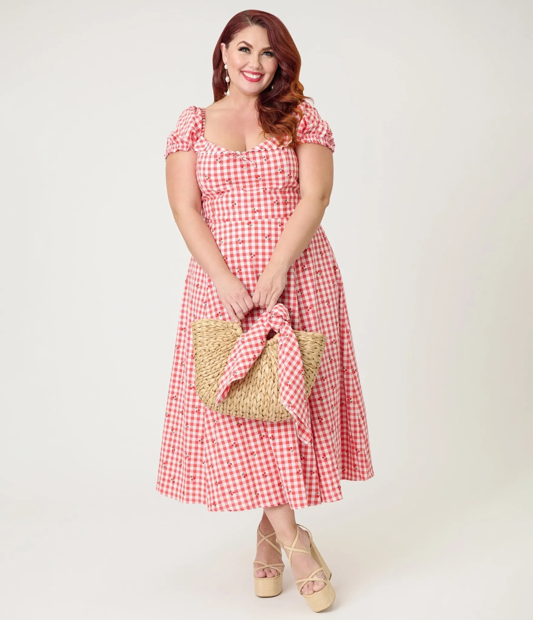 Unique Vintage Plus Size Red Gingham & Cherries Puff Sleeve Midi Dress sold by Unique Vintage product image thumbnail 3