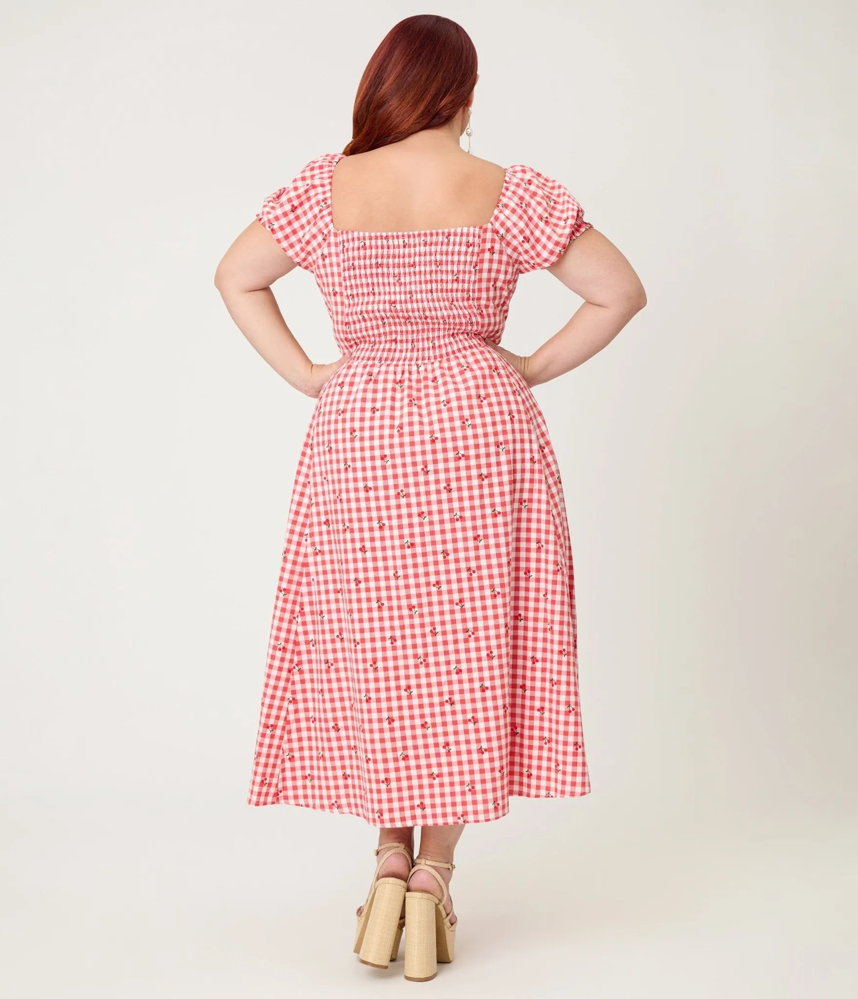 Unique Vintage Plus Size Red Gingham & Cherries Puff Sleeve Midi Dress sold by Unique Vintage product image thumbnail 2