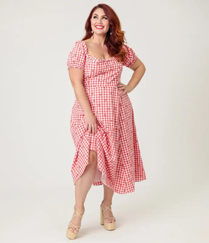 Unique Vintage Plus Size Red Gingham & Cherries Puff Sleeve Midi Dress sold by Unique Vintage