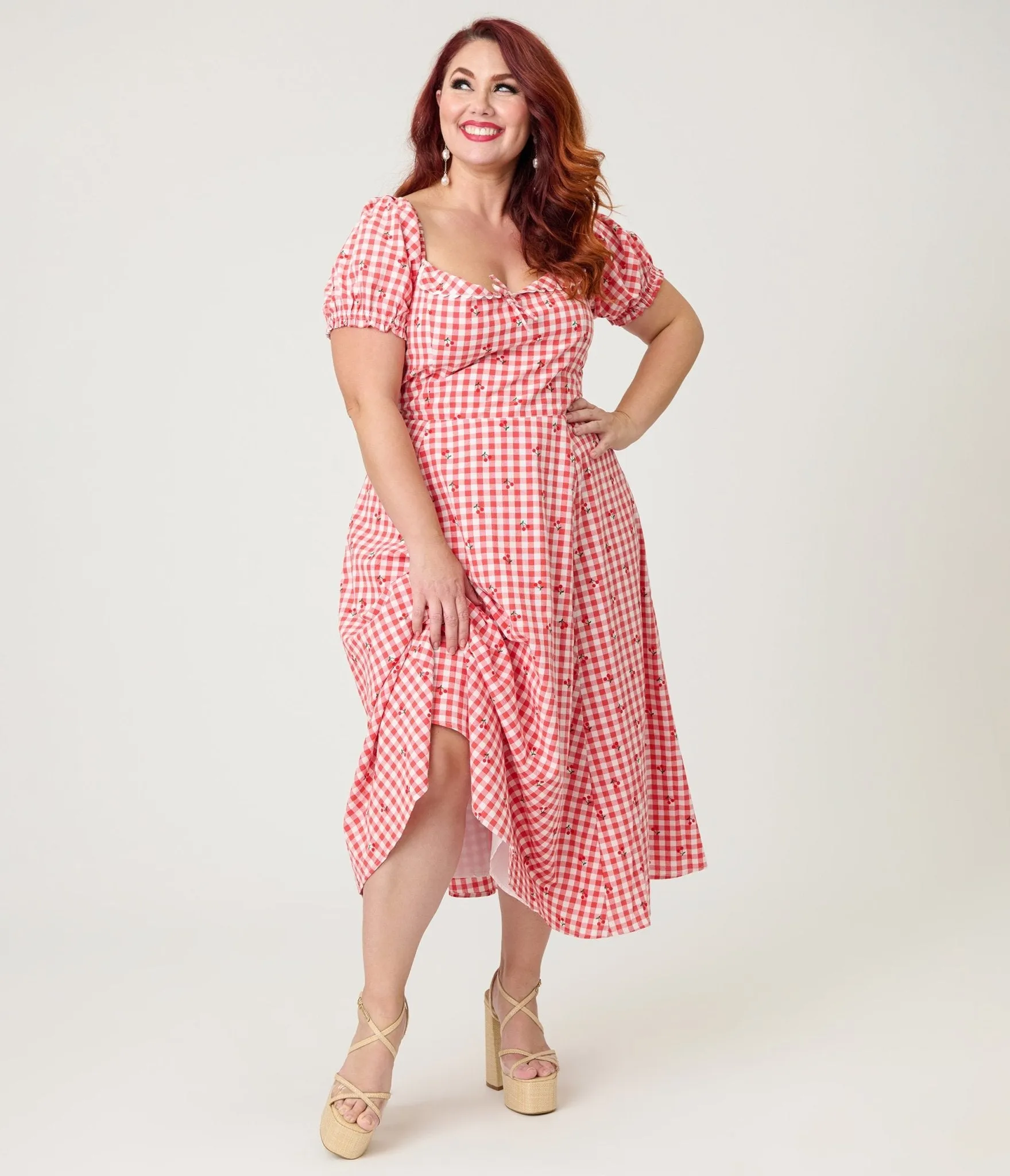 Unique Vintage Plus Size Red Gingham & Cherries Puff Sleeve Midi Dress sold by Unique Vintage