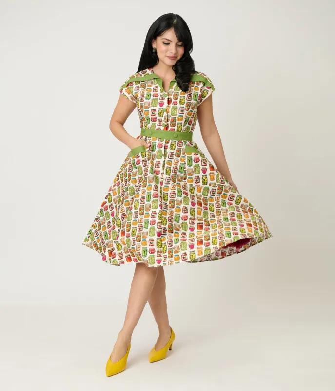 Unique Vintage Green Mason Jar Print Cotton Hedda Swing Dress made by Unique Vintage