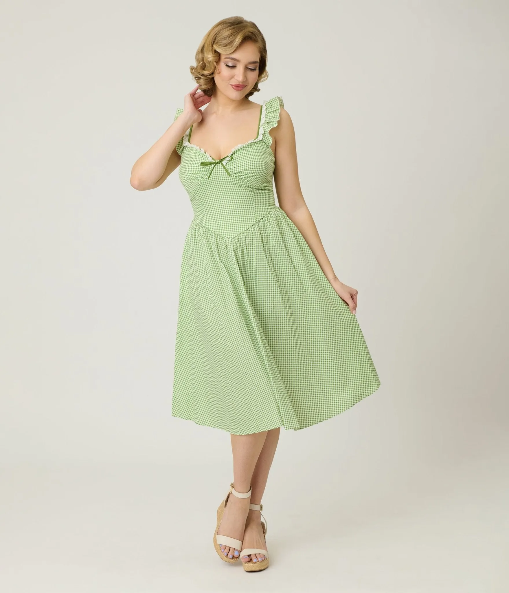 Unique Vintage Green Gingham Sweetheart Flutter Sleeve Swing Dress sold by Unique Vintage product image thumbnail 3