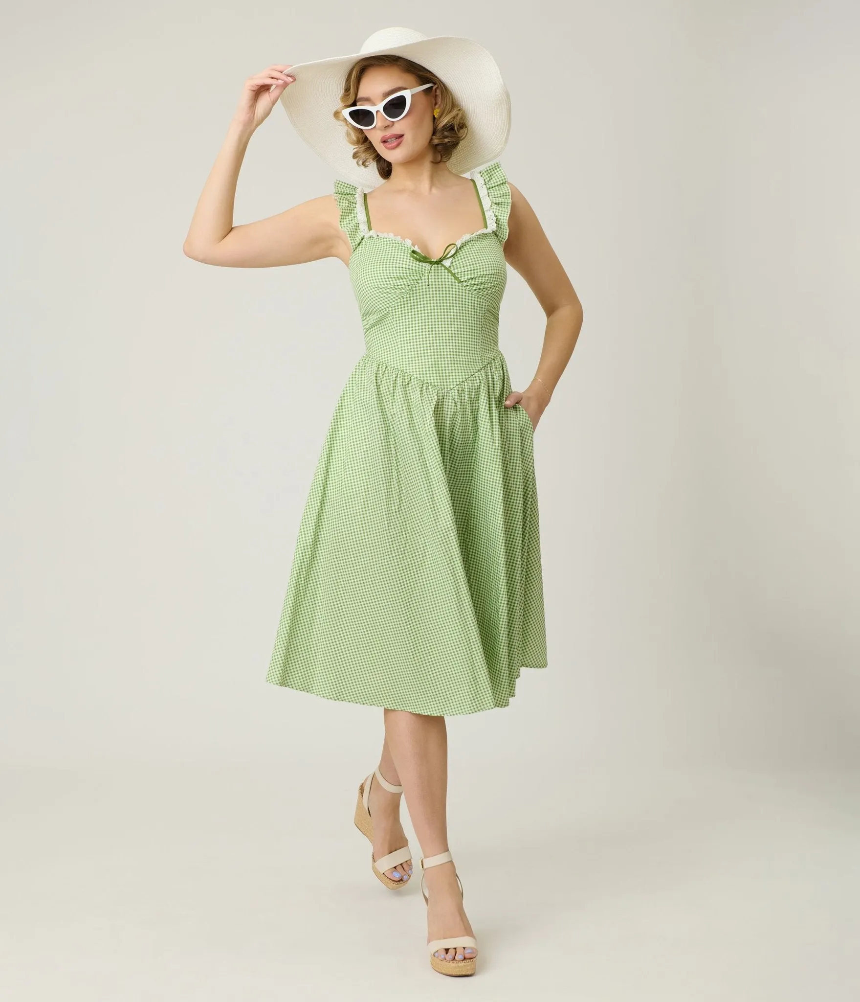 Unique Vintage Green Gingham Sweetheart Flutter Sleeve Swing Dress sold by Unique Vintage