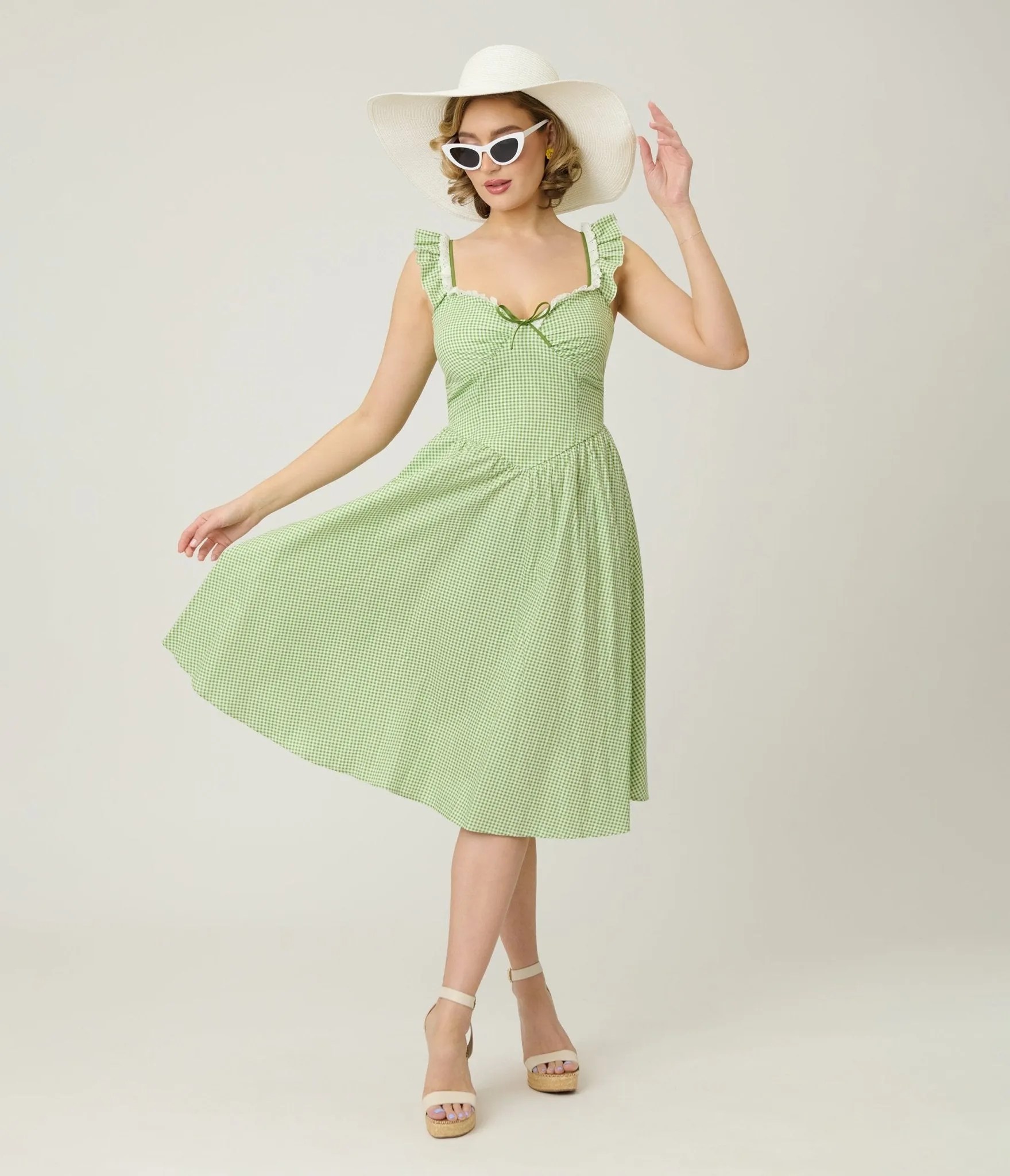 Unique Vintage Green Gingham Sweetheart Flutter Sleeve Swing Dress sold by Unique Vintage product image thumbnail 4