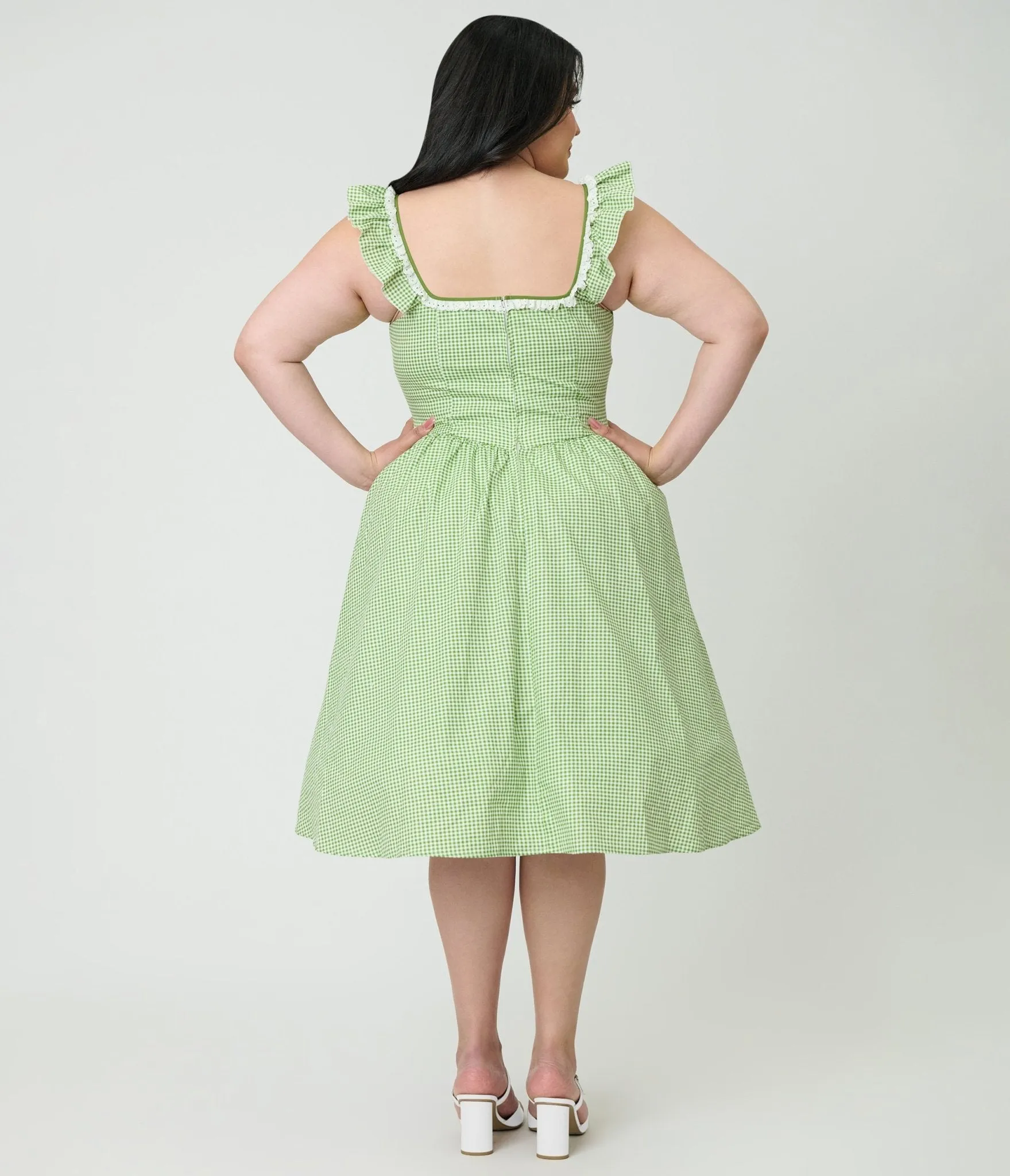 Unique Vintage Plus Size Green Gingham Sweetheart Flutter Sleeve Swing Dress sold by Unique Vintage product image thumbnail 2