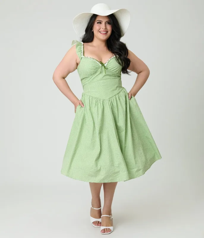 Preorder- Unique Vintage Plus Size Green Gingham Sweetheart Flutter Sleeve Swing Dress sold by Unique Vintage
