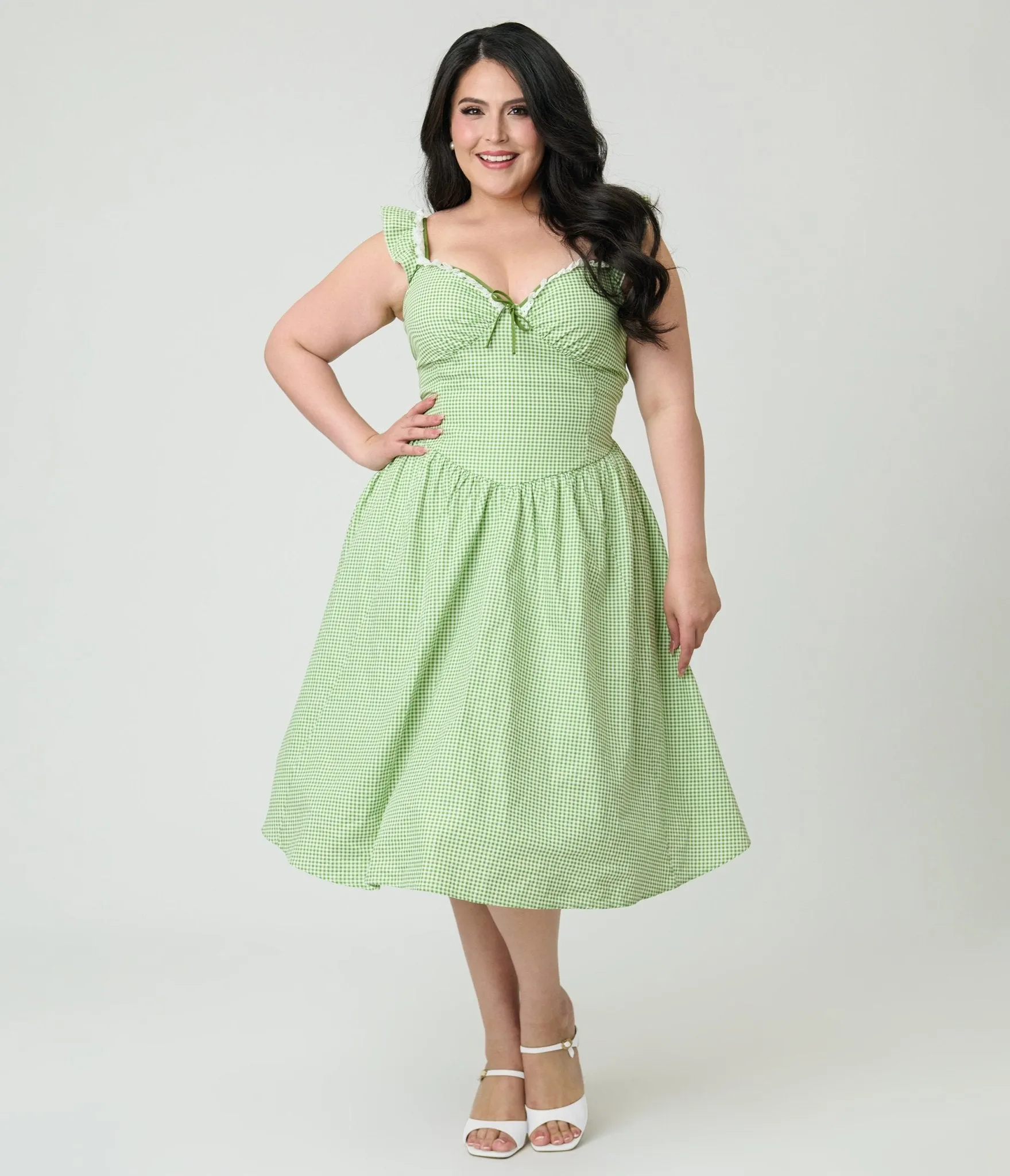 Unique Vintage Plus Size Green Gingham Sweetheart Flutter Sleeve Swing Dress sold by Unique Vintage product image thumbnail 5