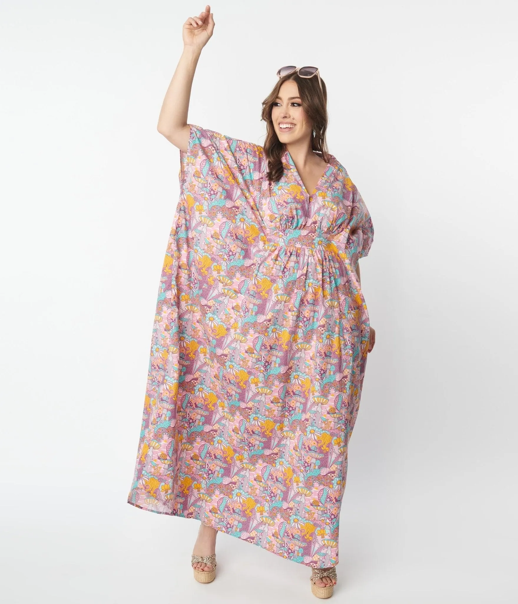 Pink Mushroom Garden Print Caftan sold by Unique Vintage
