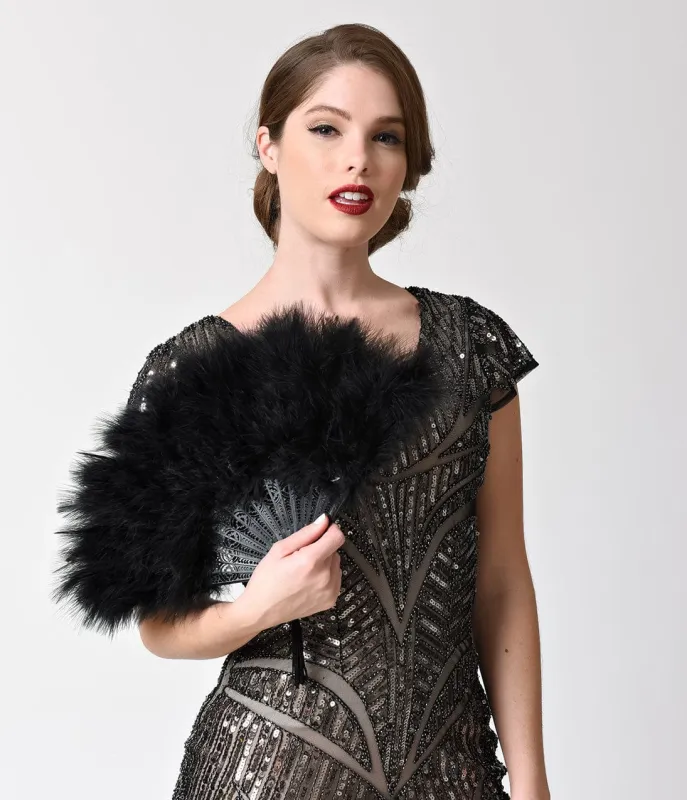 1920s Vintage Style Black Marabou Feather Fan sold by Unique Vintage
