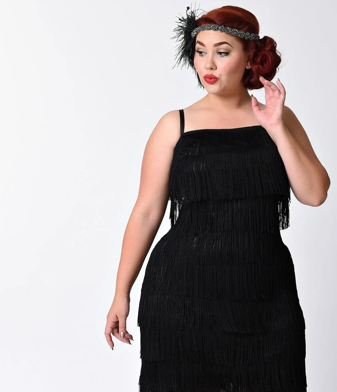 Unique Vintage Plus Size 1920s Style Black Speakeasy Tiered Fringe Flapper Dress sold by Unique Vintage product image thumbnail 3