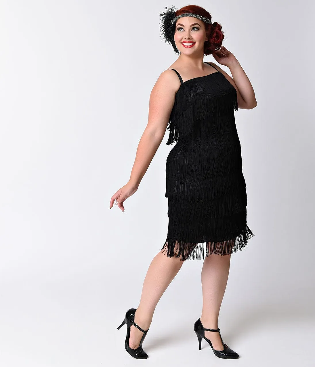 Unique Vintage Plus Size 1920s Style Black Speakeasy Tiered Fringe Flapper Dress sold by Unique Vintage