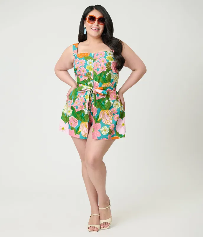 Smak Parlour Plus Size Teal Floral Sweet & Sassy Skirted Cotton Romper sold by Unique Vintage