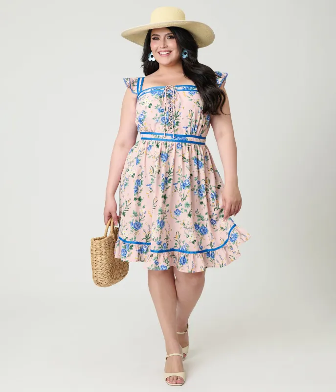 Smak Parlour Plus Size Light Pink & Blue Floral Corset Fit & Flare Dress made by Unique Vintage