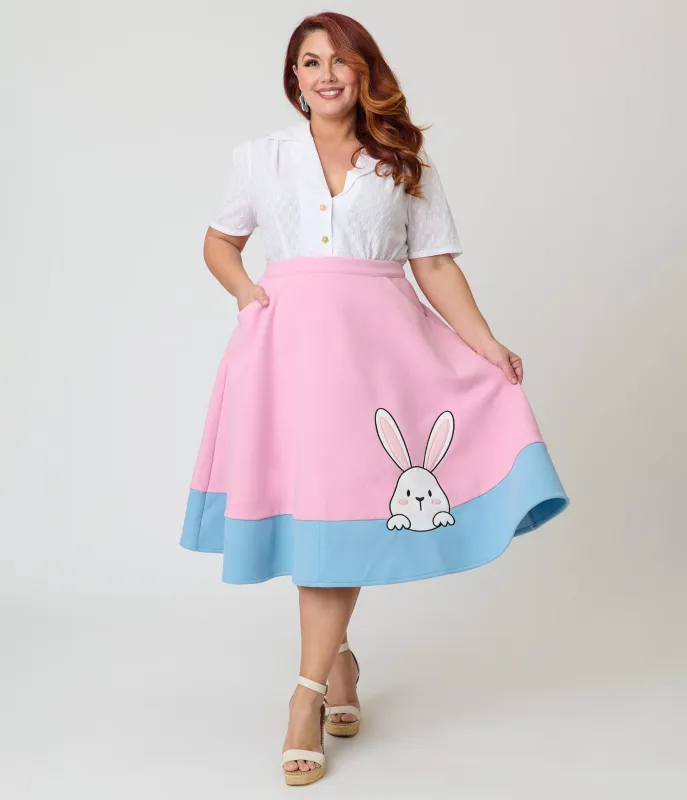 Unique Vintage Plus Size Pink & Blue Bunny Soda Shop Swing Skirt made by Unique Vintage