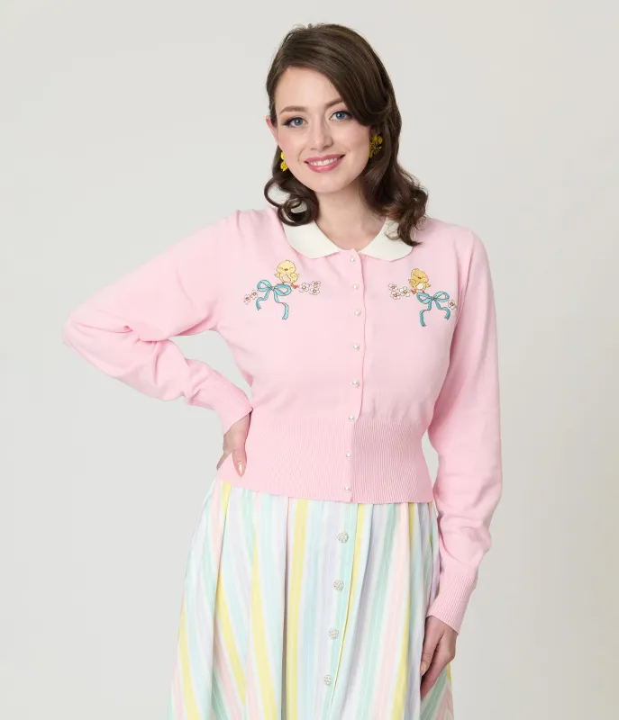 Preorder- Unique Vintage Pink Chick Embroidered Cardigan sold by Unique Vintage