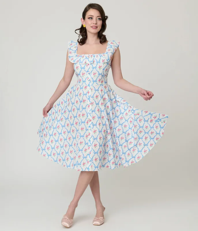 Magnolia Place White & Rose Trellis Barbara Swing Dress made by Unique Vintage
