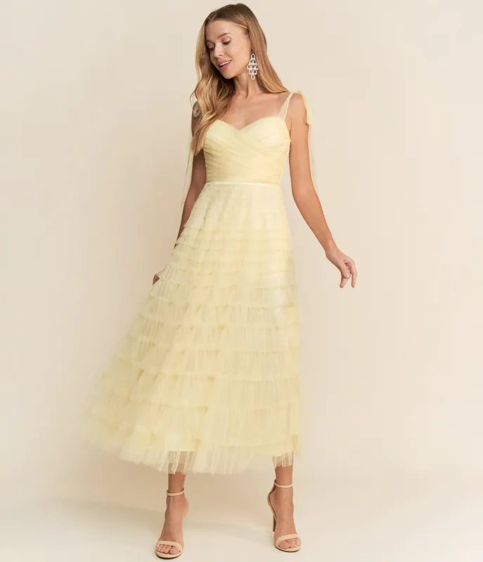 Yellow Tulle Tiered Midi Dress sold by Unique Vintage