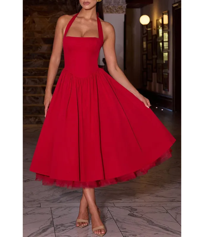 Red Halter Flare Midi Dress made by Unique Vintage