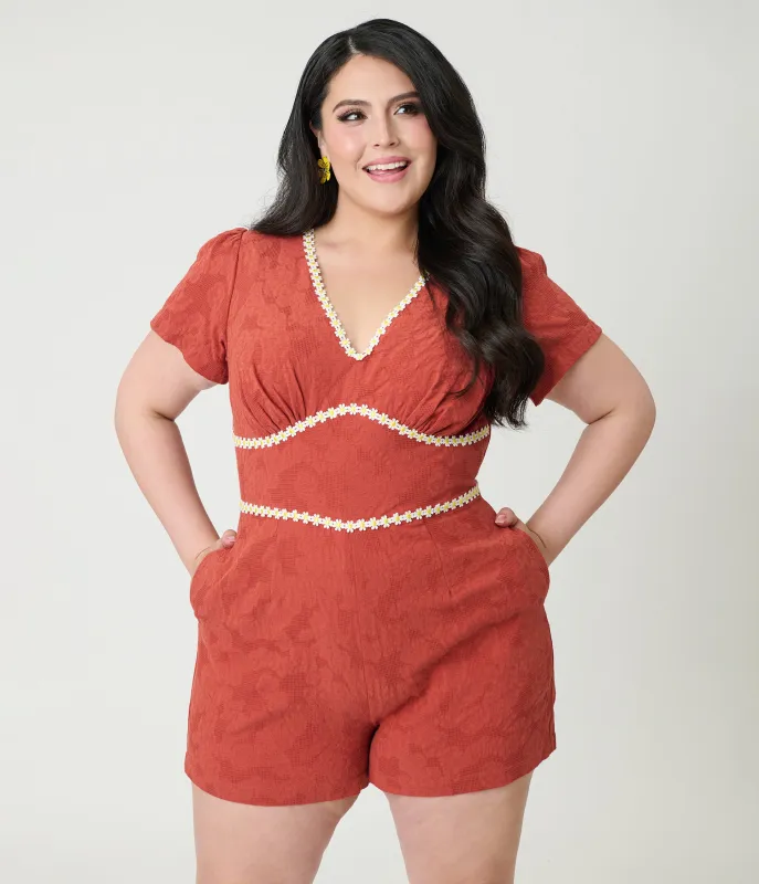 Unique Vintage Plus Size Rust Red & Daisy Cotton Romper sold by Unique Vintage