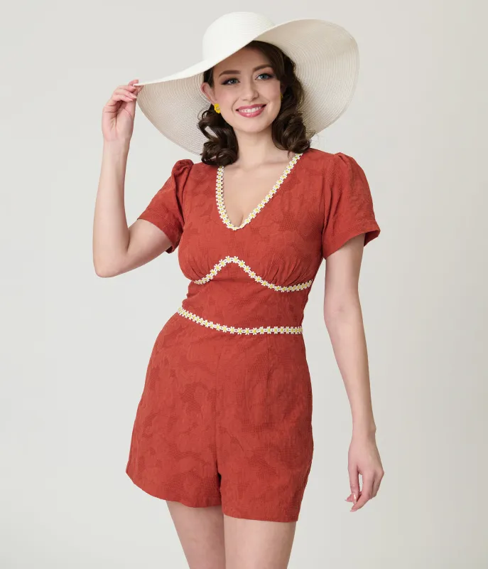 Unique Vintage Rust Red & Daisy Cotton Romper made by Unique Vintage