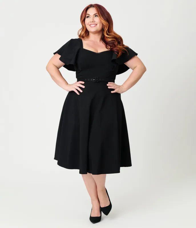 Unique Vintage Plus Size Black Flutter Sleeve Swing Dress sold by Unique Vintage