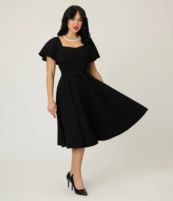 Unique Vintage Black Flutter Sleeve Swing Dress sold by Unique Vintage