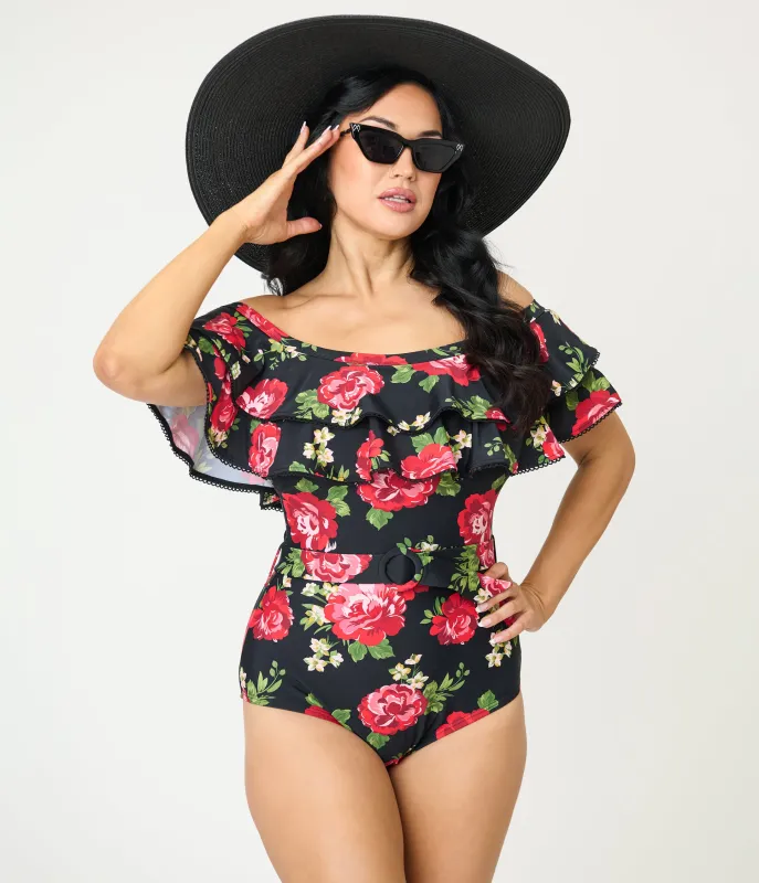 Unique Vintage Black Cabbage Roses Off Shoulder Nantucket Swimsuit sold by Unique Vintage