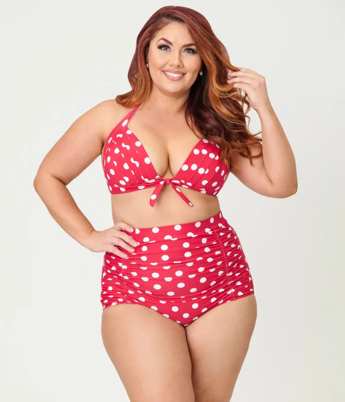 Unique Vintage Plus Size Red & White Dot Monroe Halter Swim Top sold by Unique Vintage