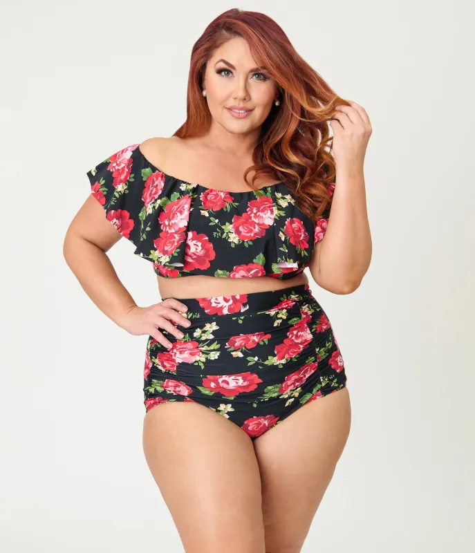 Unique Vintage Plus Size Cabbage Roses Monroe High Waist Swim Bottom sold by Unique Vintage