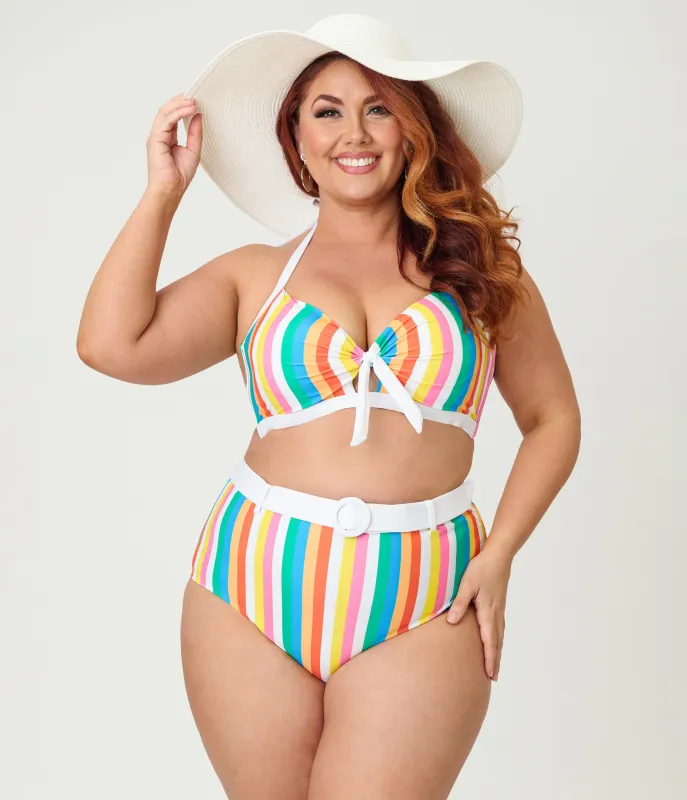 Unique Vintage Plus Size Rainbow Stripe Halter Swim Top sold by Unique Vintage