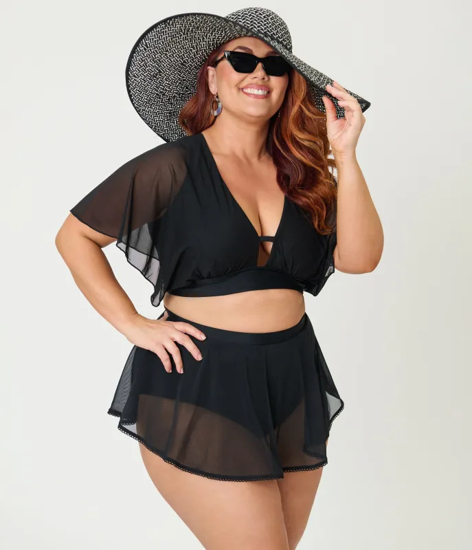 Unique Vintage Plus Size Black Flutter Sleeve Swim Top made by Unique Vintage