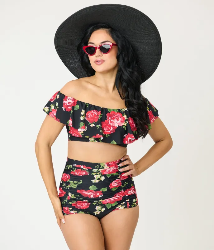 Unique Vintage Black & Cabbage Roses Monroe High Waist Swim Bottom made by Unique Vintage