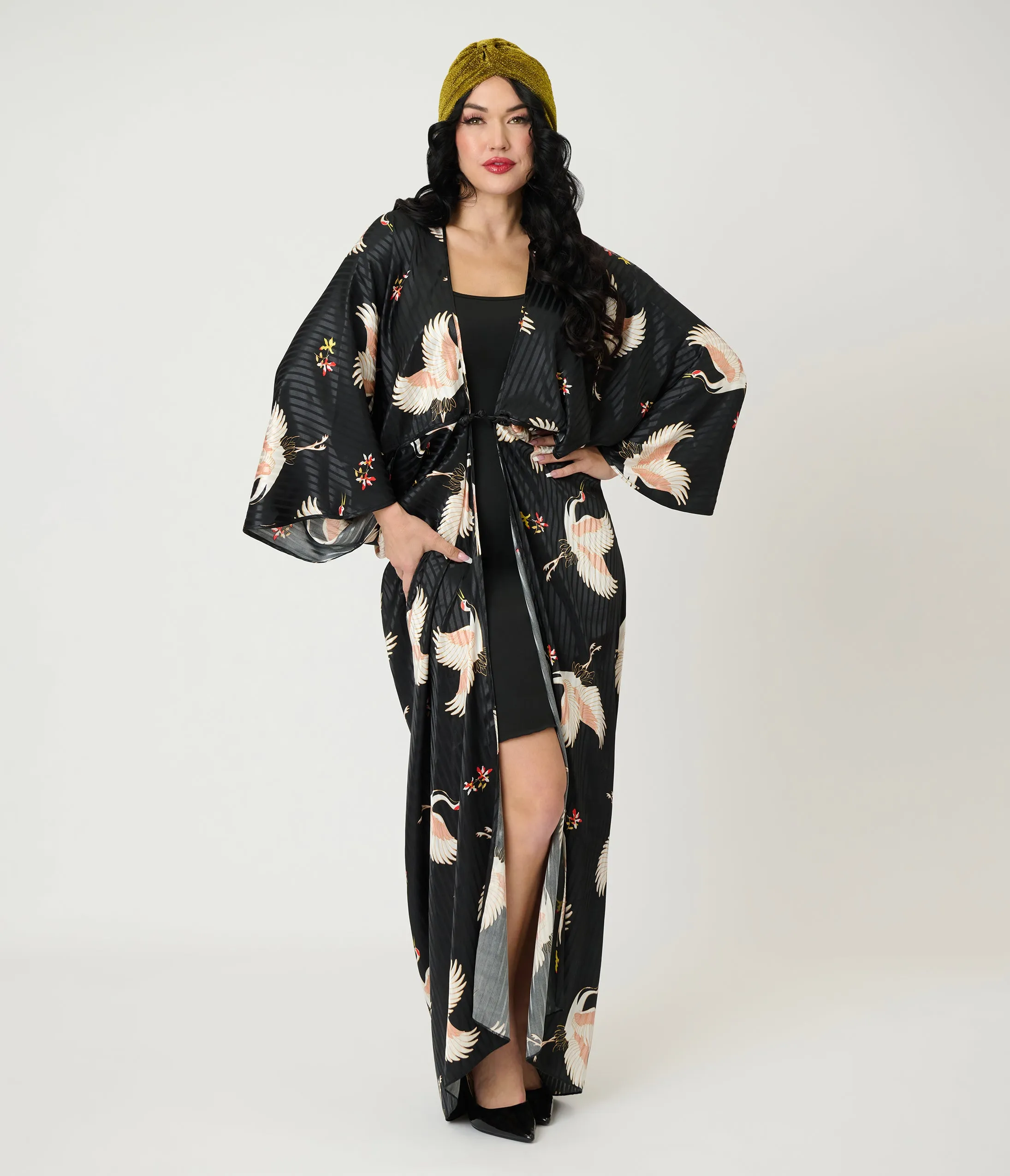 Unique Vintage Black & White Crane Long Kimono sold by Unique Vintage