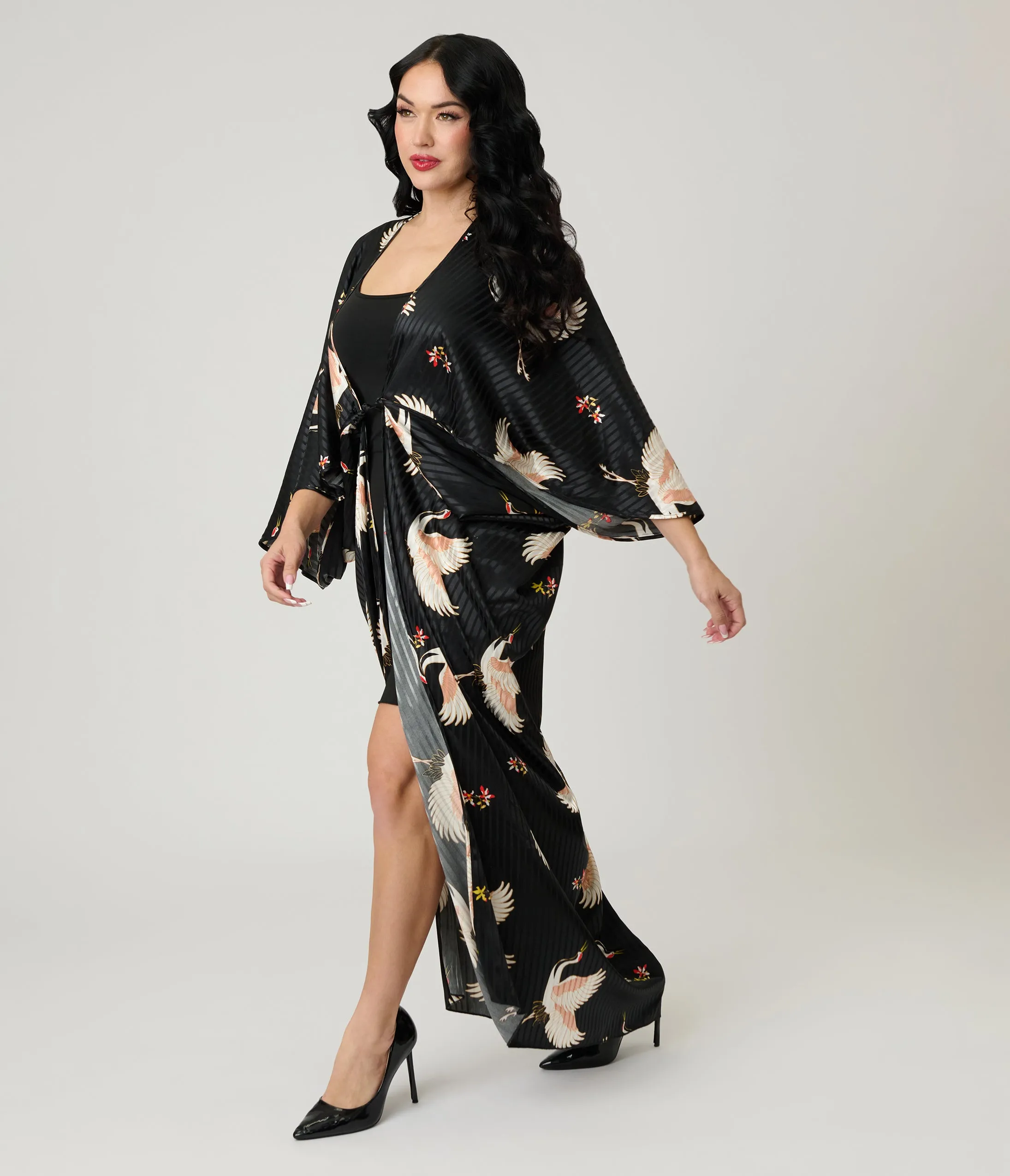 Unique Vintage Black & White Crane Long Kimono sold by Unique Vintage product image thumbnail 3