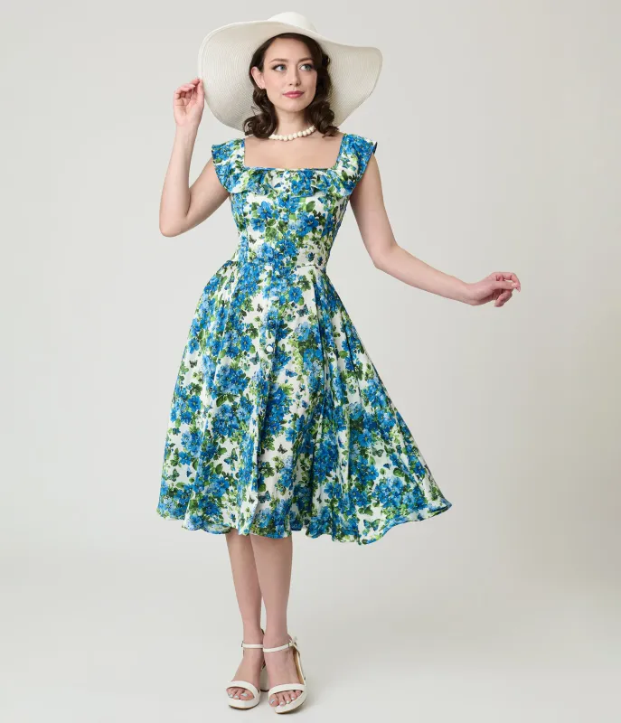 Magnolia Place Blue Floral Barbara Swing Dress made by Unique Vintage