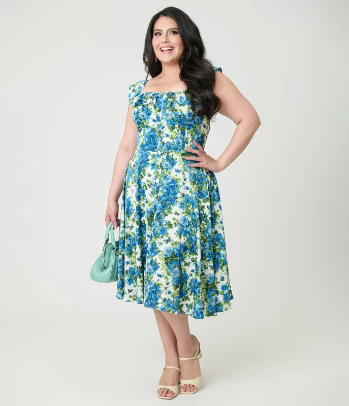 Magnolia Place Plus Size Blue Floral Barbara Swing Dress made by Unique Vintage